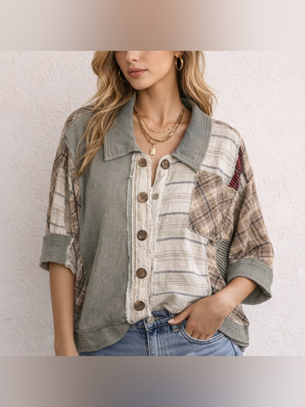 Oli & Hali Patchwork Oversized Top Boho Free People Style Small